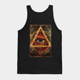 stylish art with abrasions with the all-seeing eye on the background of a triangle pyramid in an ancient style. Symbol of the Illuminati Masonic Lodge Tank Top